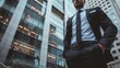 © Pikul - A businessman in a suit stands confidently in front of a towering skyscraper. He looks determined and ready to take on the day.