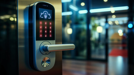 Digital door lock with keypad and door handle. Background with selective focus and copy space