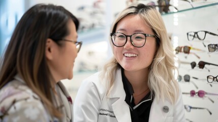 Wall Mural - In-store optometrist, glasses, and lady for customer service, eye care, and lens/frame guidance. Client satisfied with eyesight, eyes health, and doctor counter-talking, checking, and testing