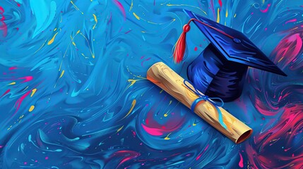 Wall Mural - A graduation cap and diploma in the style of Van Gogh, with swirling brushstrokes and vibrant colors, isolated on a clean blue background 