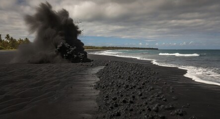 Wall Mural - Volcanic eruption on black sand beach