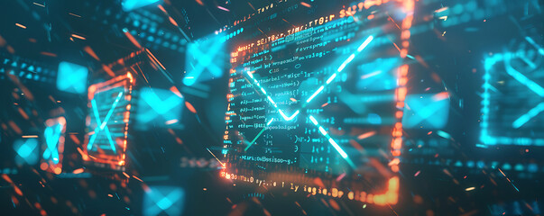 Wall Mural - Futuristic Vibrant digital email communication artwork showcasing multiple neon  email icons floating amidst a matrix of binary code. 