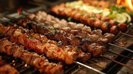 Wall Mural - Assorted tasty grilled meat and vegetables on a barbeque with pork shish or kebab on skewers