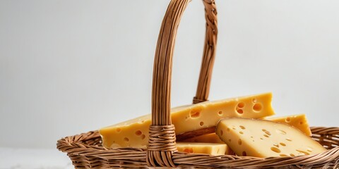 Poster - slices of cheese on basket on plain white background