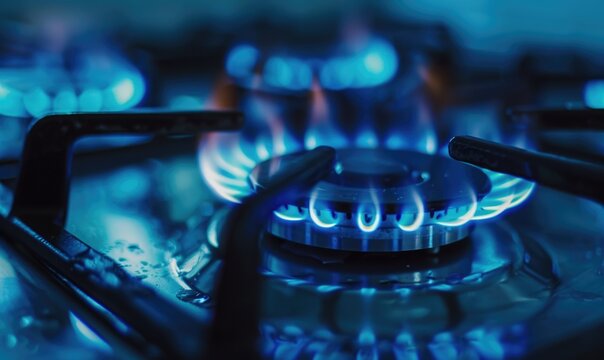Close-up shot highlighting the vibrant blue flame of a gas stove burner