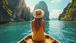 Traveler woman on boat with camera joy nature scenic landscape Ko Hong island Krabi, Attraction famous place tourist travel Phuket Thailand summer holiday vacation trip, Beautiful destination Asia.