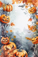 Poster - Hand-Drawn Halloween Pumpkin and Corn Stalk Decoration with Watercolor Elements