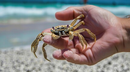 Canvas Print - Crab in Hand on a Sunny Beach