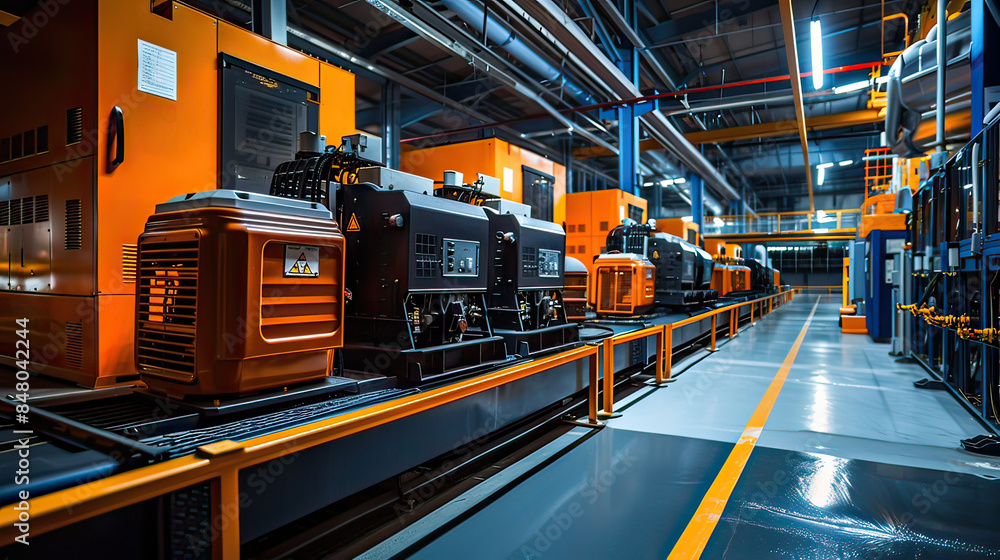 Factory generator room with large powerful industrial generators. Stock ...