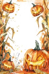 Wall Mural - Hand-drawn Watercolor Halloween Decoration with Pumpkin Lanterns and Corn Stalks for Autumn Celebration