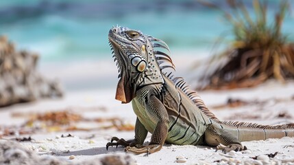 Wall Mural - Green Iguana on a Tropical Beach