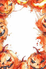 Poster - Spooky Halloween Pumpkin Frame. Hand-drawn Watercolor Illustration with Evil Jack-o-Lantern Faces on White Background