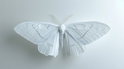 An elegant sculpture of a white moth with detailed wing design, presented on a soft, light background.