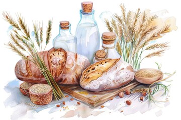 Traditional Jewish Harvest Celebration with Watercolor Illustration of Bread and Milk