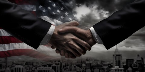 A symbolic image of two businessmen shaking hands with an American flag and cityscape in the background, representing cooperation and patriotism in American business. Ideal for themes of partnership.