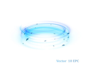 Wall Mural - blue-blue bright wind lines swirl in a circle with flying particles of blue leaves on a white backgr