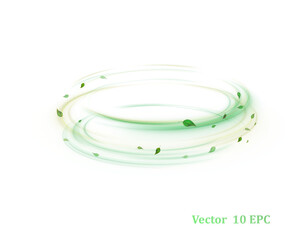 Wall Mural - green bright wind lines swirl in a circle with flying particles of green leaves on a white backgroun
