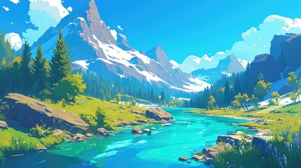 Wall Mural - A picturesque mountain river flows in isolation its crystal clear waters coursing swiftly through a stunning mountain backdrop in this vibrant 2d illustration