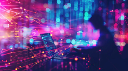 A person works on a laptop with a glowing screen, surrounded by abstract digital network lines and bright lights