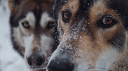 Wall Mural - Photography of two dogs playing together in the snow