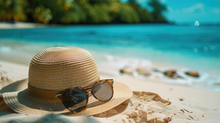 Poster - A person relaxing on the beach wearing a hat and sunglasses, perfect for stock photography