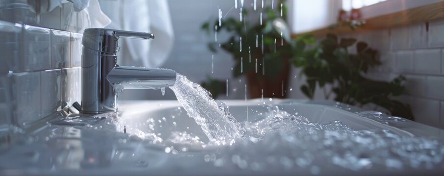 Washing hands in the sink with flowing water in light bathroom, antibacterial concept banner. Generative AI.