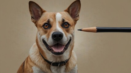 Wall Mural - Happy dog looking at a pencil