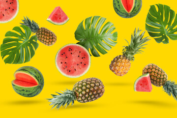 Sticker - Summer party. Tropical fruits and leaves in air on yellow background