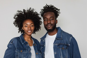 Wall Mural - Portrait of a satisfied afro-american couple in their 20s sporting a rugged denim jacket in front of plain white digital canvas