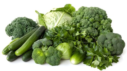 Assortment of fresh organic green vegetables on white background