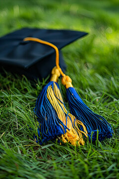 A graduation cap and tassel on the grass.