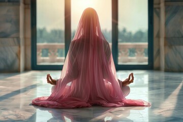 Poster - A woman sits in a room wearing a pink veil, providing an intimate and private atmosphere