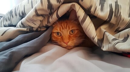 Wall Mural - A ginger cat hiding under a blanket in a bed. only the ginger cats head is visible.