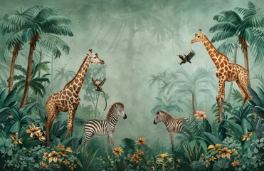 a jungle wall mural with animals, giraffes and elephants in the foreground, palm trees, zebras at th