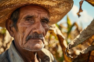 Poster - A person standing in an open field wearing a straw hat, suitable for rural or countryside themes