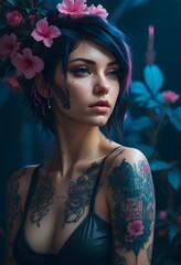 Wall Mural - Portrait of a beautiful sexy woman with flowers and tattoos..