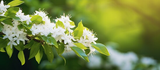 Wall Mural - White bush flower with green leaf background. Creative banner. Copyspace image