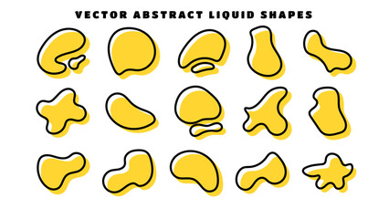 Wall Mural - Outline blob shapes, fluid or liquid round abstract elements. Black and yellow simple blotch water forms. Flat vector illustration.