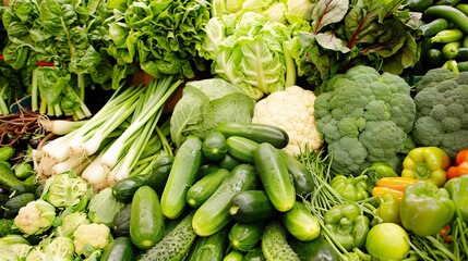 Poster - Assortment of fresh vegetables at a market, close-up view, rich green hues, no people. 