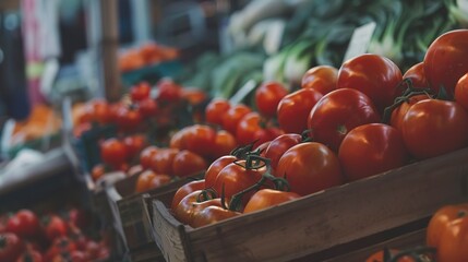 Poster - Ripe tomatoes on display at a market, close-up shot, no humans, vibrant reds.