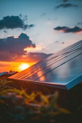 Wall Mural - Photography of a solar panel during sunset with the sun shining in the background