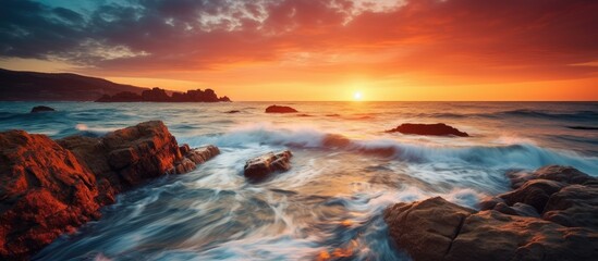 Poster - Beautiful seascape sunrise view golden hour. Creative banner. Copyspace image