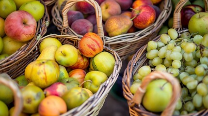 Poster - Seasonal fruits in baskets, close-up, no people, focus on freshness and colors. 