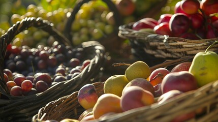 Wall Mural - Seasonal fruits in baskets, close-up, no people, focus on freshness and colors. 