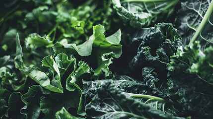 Wall Mural - Organic leafy greens displayed, close-up view, no people, vibrant green freshness. 