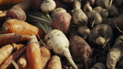 Poster - Assorted organic root vegetables, close-up, no humans, focus on earthy tones. 