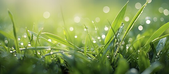 Aufkleber - Fresh green grass with dew drops close up Green grass background Drop of dew in morning on leaf Nature Background. Creative banner. Copyspace image