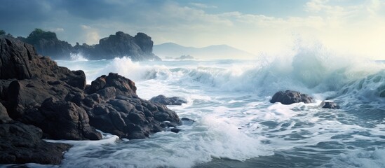 Leinwandbilder - Waves and rocks. Creative banner. Copyspace image