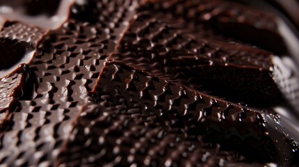 Wall Mural - Macro shot of a block of handcrafted chocolate, rich dark color with textured surface, soft light, indulgent and detailed. 