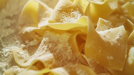 Poster - Close-up of a pile of freshly made pasta, intricate shapes and soft dusting of flour, soft light, detailed and homemade. 